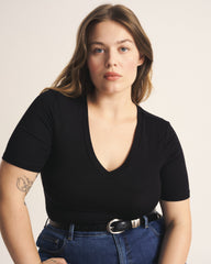 Cloud Rib Short Sleeve V-Neck Tee - Black