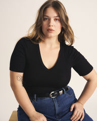 Cloud Rib Short Sleeve V-Neck Tee - Black