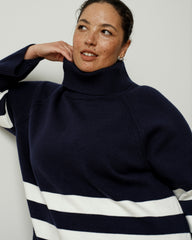 Better-Than-Wool Oversize Turtleneck Sweater - Navy/Cream Stripes with Red Hem